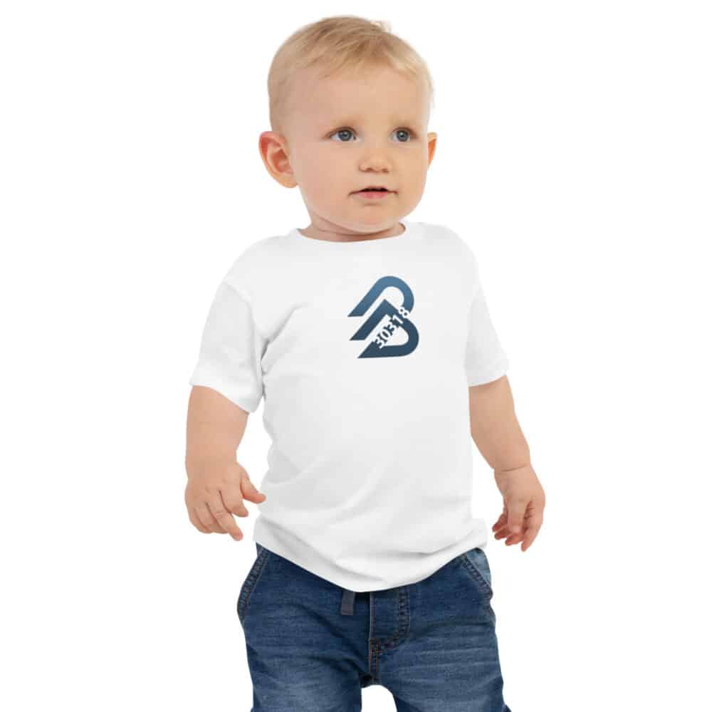 baby staple tee white front in blue